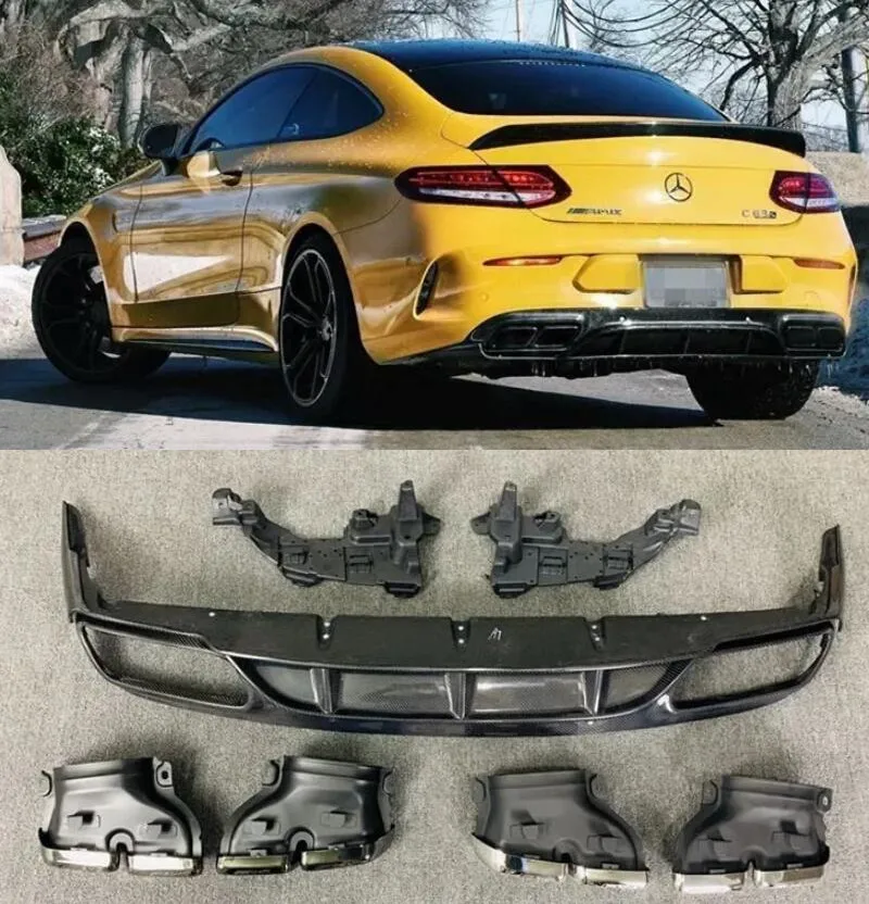 

For Mercedes Benz W205 C200 C260 C300 C63 Coupe 2015-2021 Carbon Fiber Rear Bumper Lip Diffuser Trunk Spoiler Exhaust Body Kit
