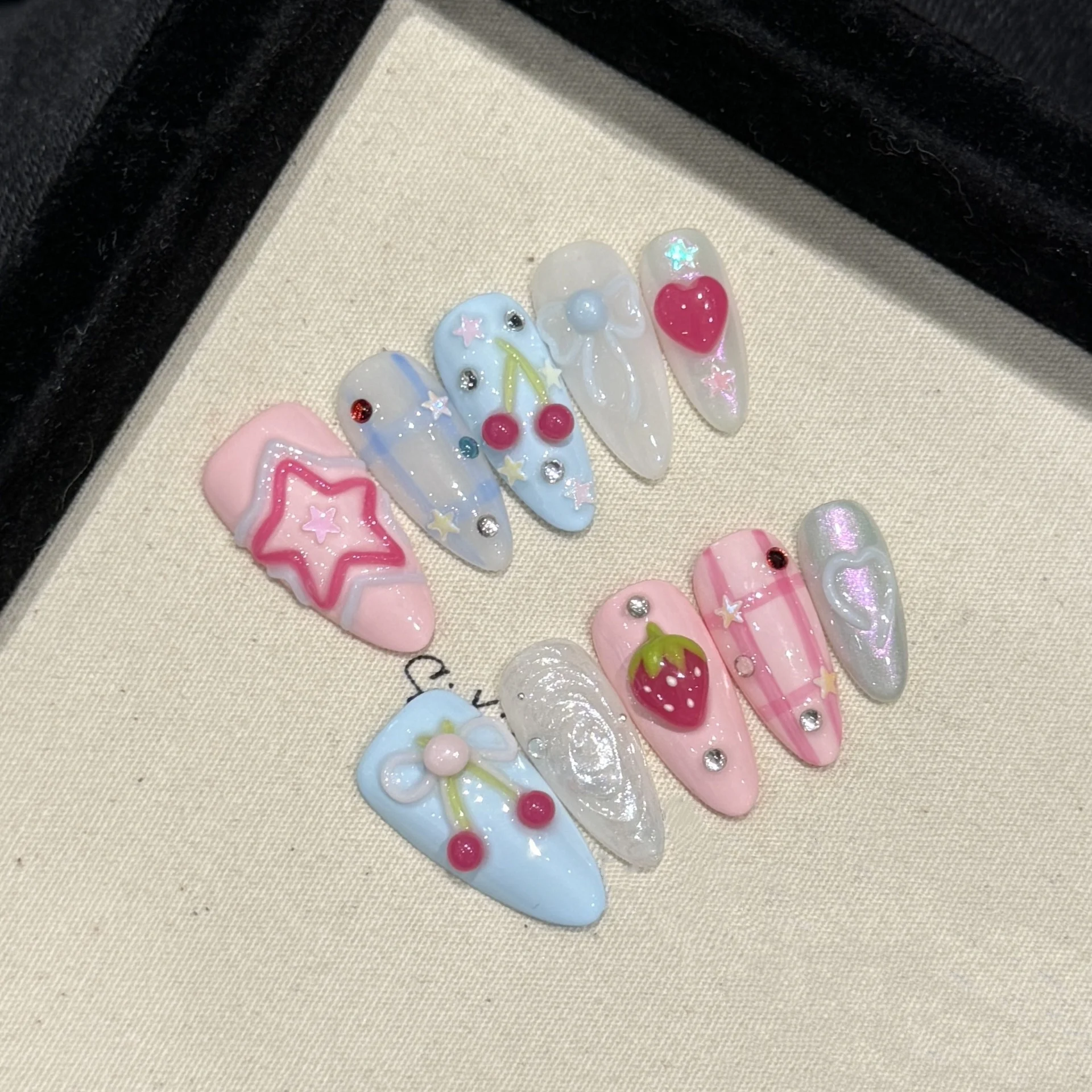 

Handmade Press on Nails Ins Sweet Pink Blue Color Fake Nails for Girls Wearable 3D Cherry Love Star Korean Cute False Nail Tips