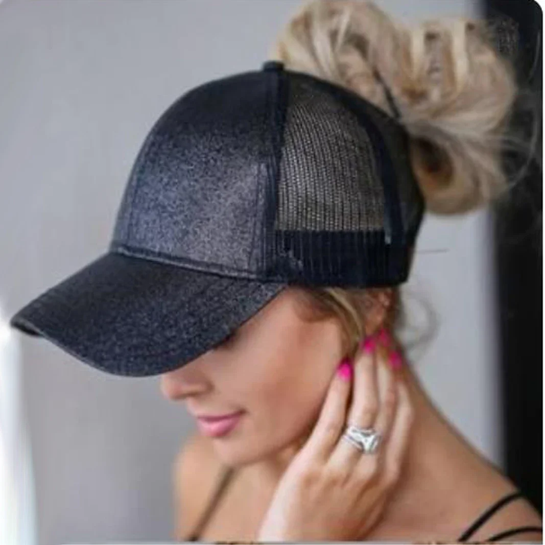 Ponytail Baseball Cap for Women Shiny Glitter Sequins Woman Summer Cap Mesh Sunhat Pure Color High Messy Bun Hat