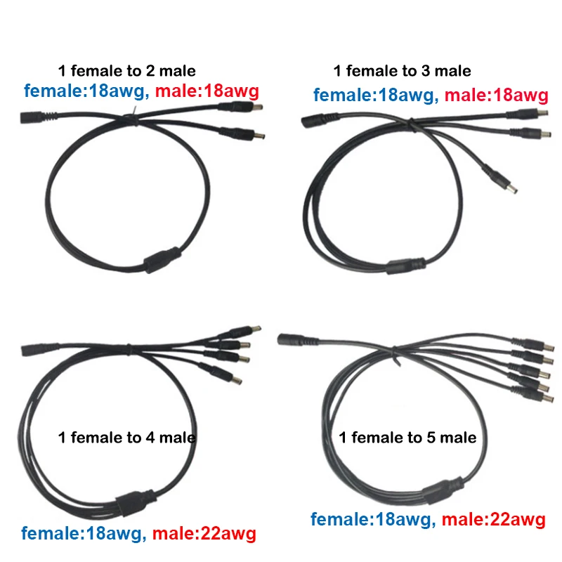 0.7M Long 12V 24v DC 1 Female to 2 3 4 5 way Male connector Cable Power Supply extend Splitter Plug 18awg 7A for strip 5.5x2.1mm