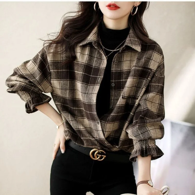 Vintage Printed Princess Sleeve Pockets Plaid Shirt Women\'s Clothing Autumn Winter New Office Lady Tops All-match Casual Blouse