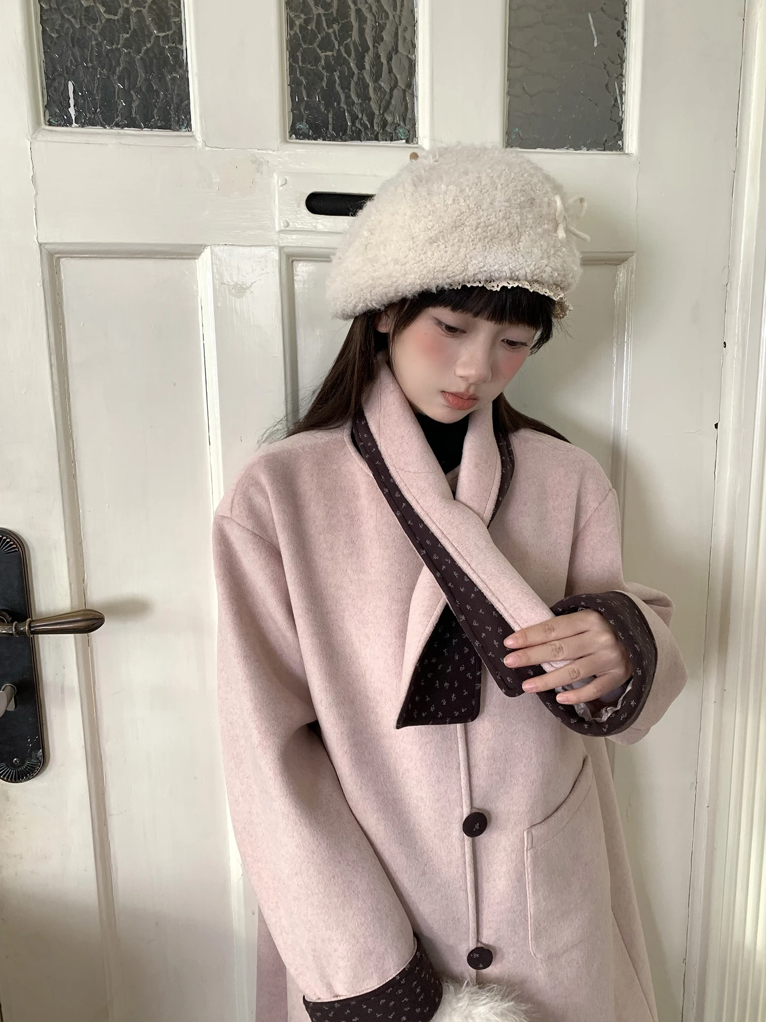 

Pink Scarf Woolen Coat Women Winter New Sweet Ne Warmer Medium Length Woolen Jaet Hey an Nai Brand Loose Fit Long Sve