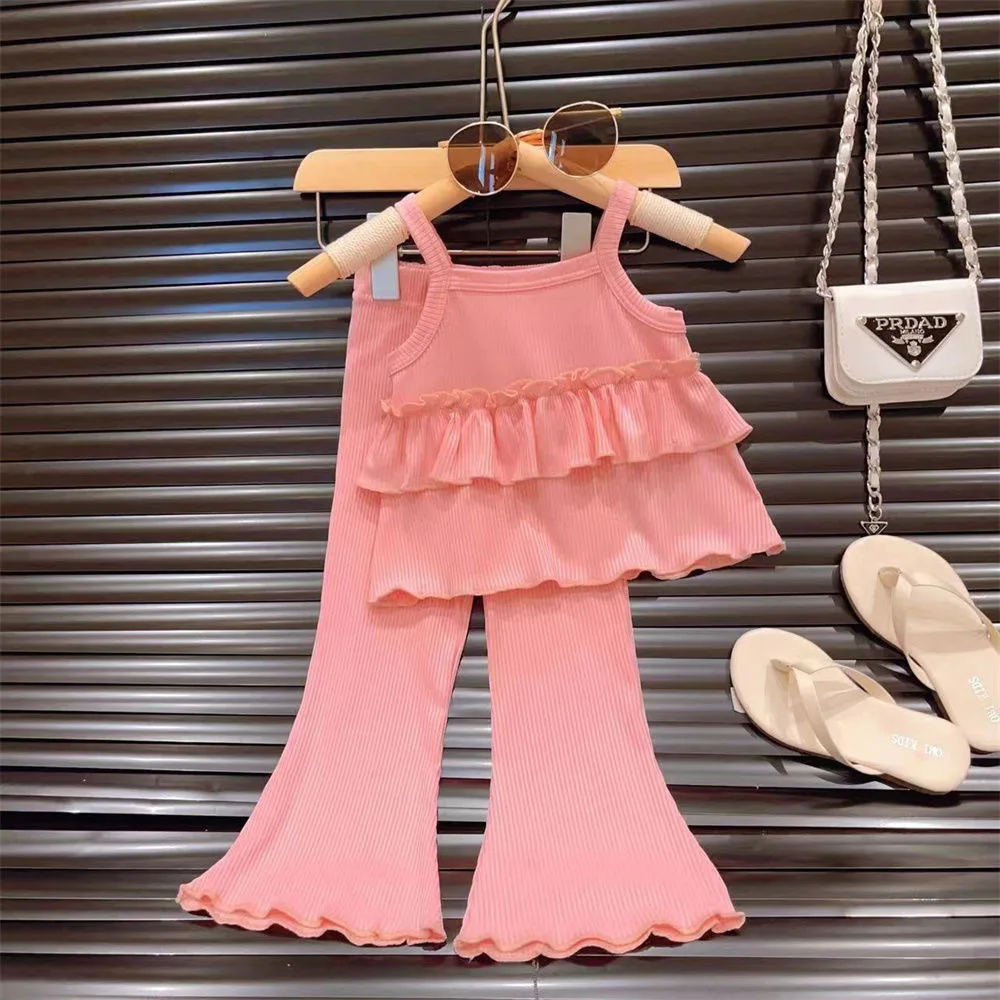 Girls' Summer New Suspender Set, Thin Little Girl Ice Silk Suspender Skirt, Horn Nine-point Pants Two-piece Set, Foreign Style