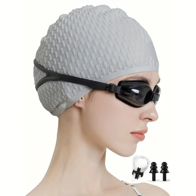 1 Stück Modische Badekappe für langes lockiges Haar, wasserdichtes Silikon mit Tropfenmuster, Unisex für Pool und Strand – Detail 8