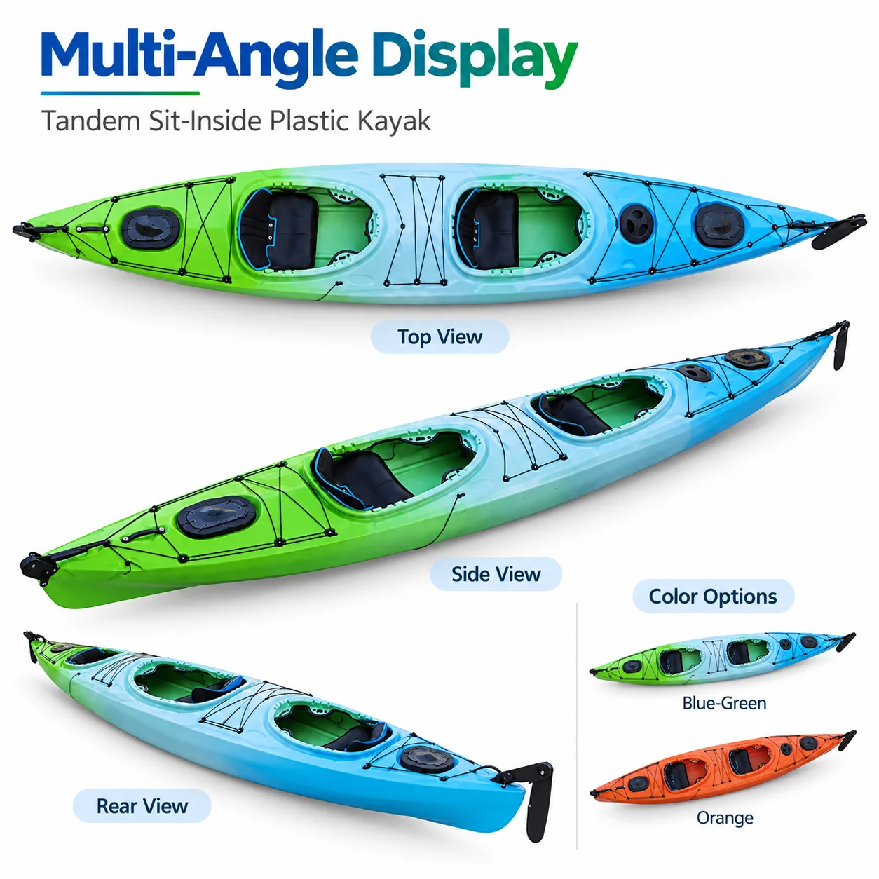 2 Person Tandem Sea Kayak LLDPE Sit Inside Touring Plastic Kayak with Rudder for Ocean Lake River