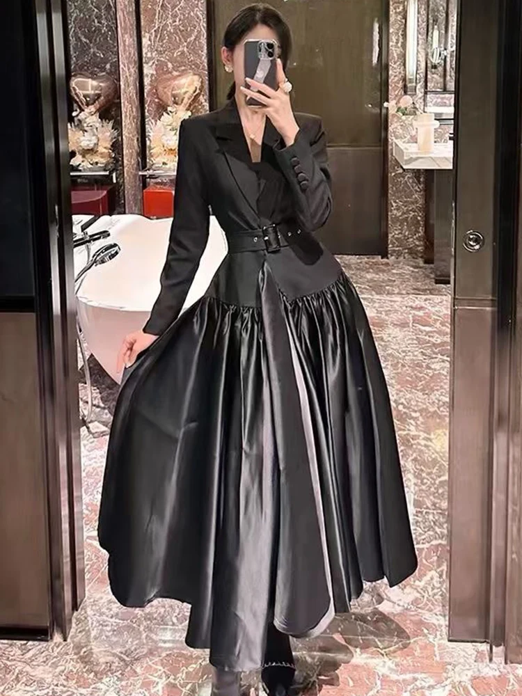 Retro fashion autumn new lapel long sleeve one button splicing big pendulum suit dress belt waist high waist A-shaped long skirt