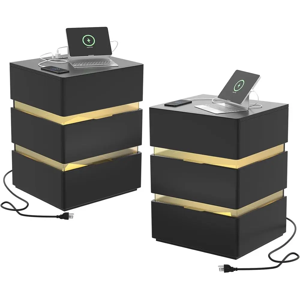

2-Piece LED Nightstand Set with Charging, 3-Drawer, Smart Wood & Acrylic Bedroom Nightstands