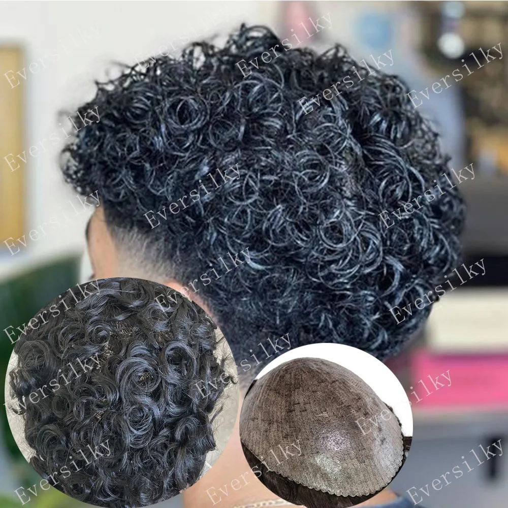 20mm Curly Silicone Full PU Durable Skin Base 100% Human Hair Black/Brown Men's Toupee Microskin Prosthesis System Hairpieces