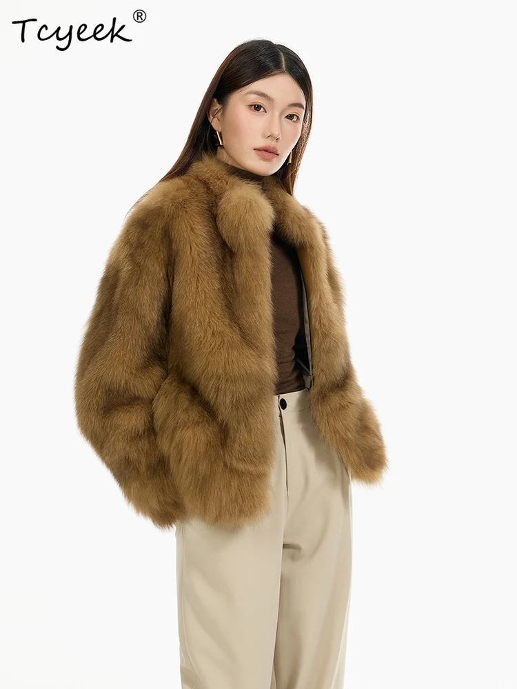 Tcyeek 리얼 울 가을 겨울 고급 트렌디 폭스 퍼 스탠드 칼라 솔리드 컬러 여성용 울 시어링 퍼 코트 여성용 모피 코트