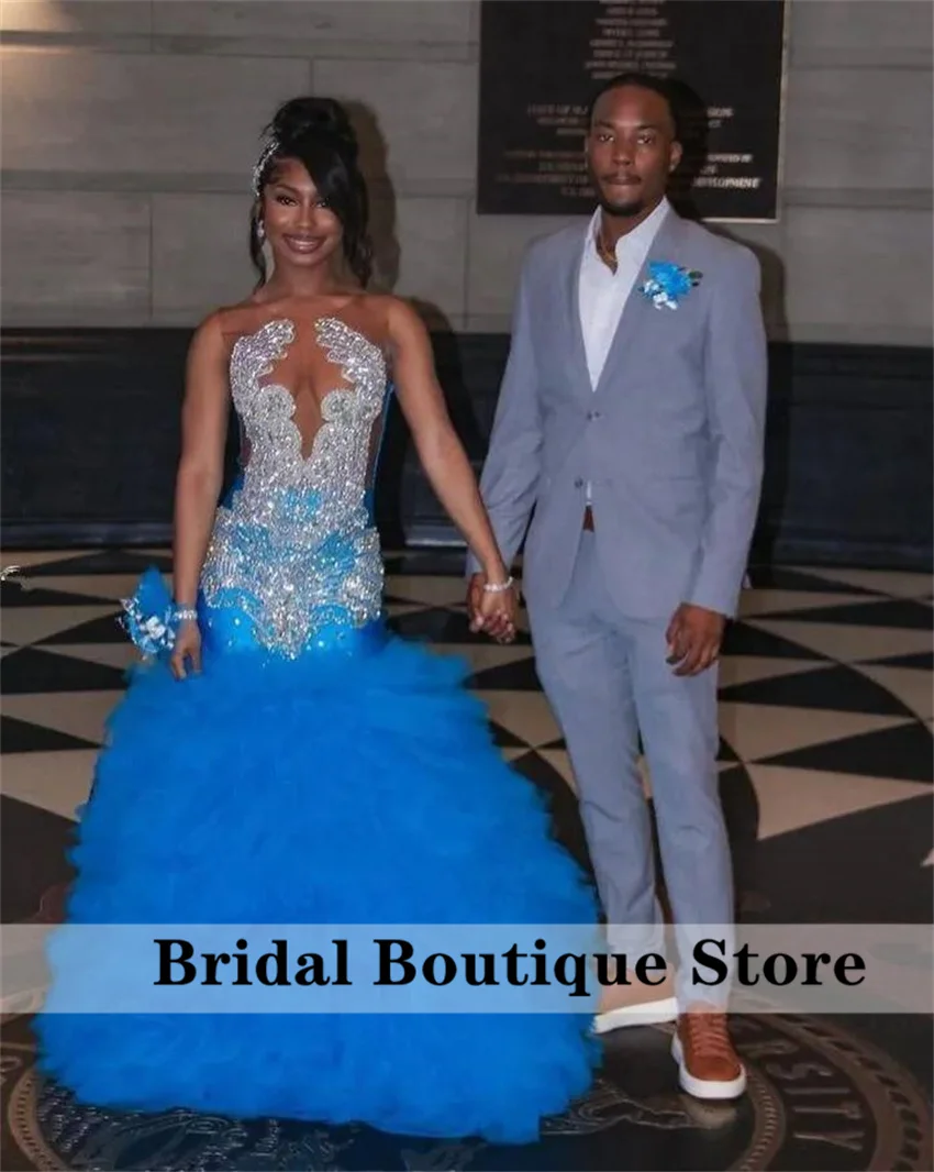 Blue Diamonds Long Prom Dress For Black Girls Glitter Crystal Gems Gown Ruffles Birthday Party Gowns Robe Customized