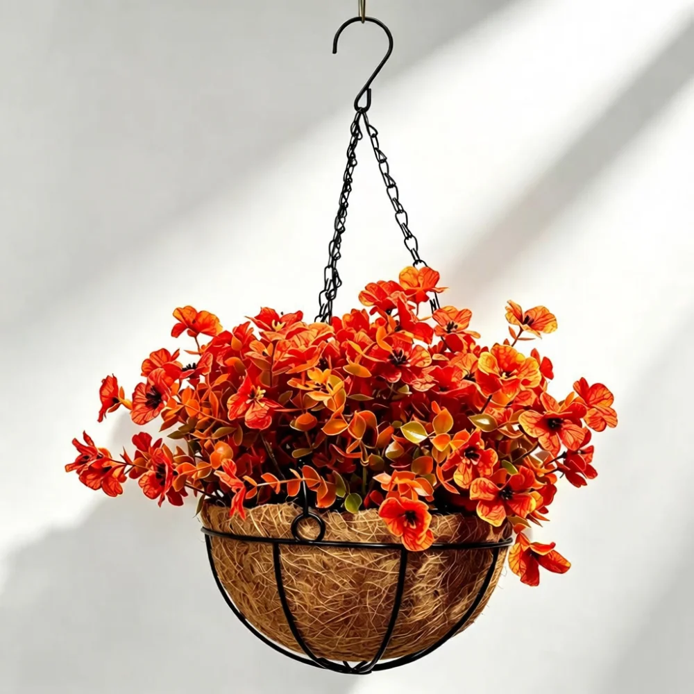 Dancing Orchid Artificial Hanging Basket Metal Coconut Liner Floral Rural Plant Ornament For Home Indoor Outdoor Garden