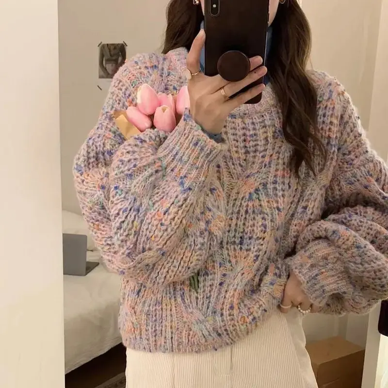 

Hsa Colorful Thick Thread Twist Sweater Women Autumn and Winter New Loose Lazy Style Design Thick Knitted Sweater Top