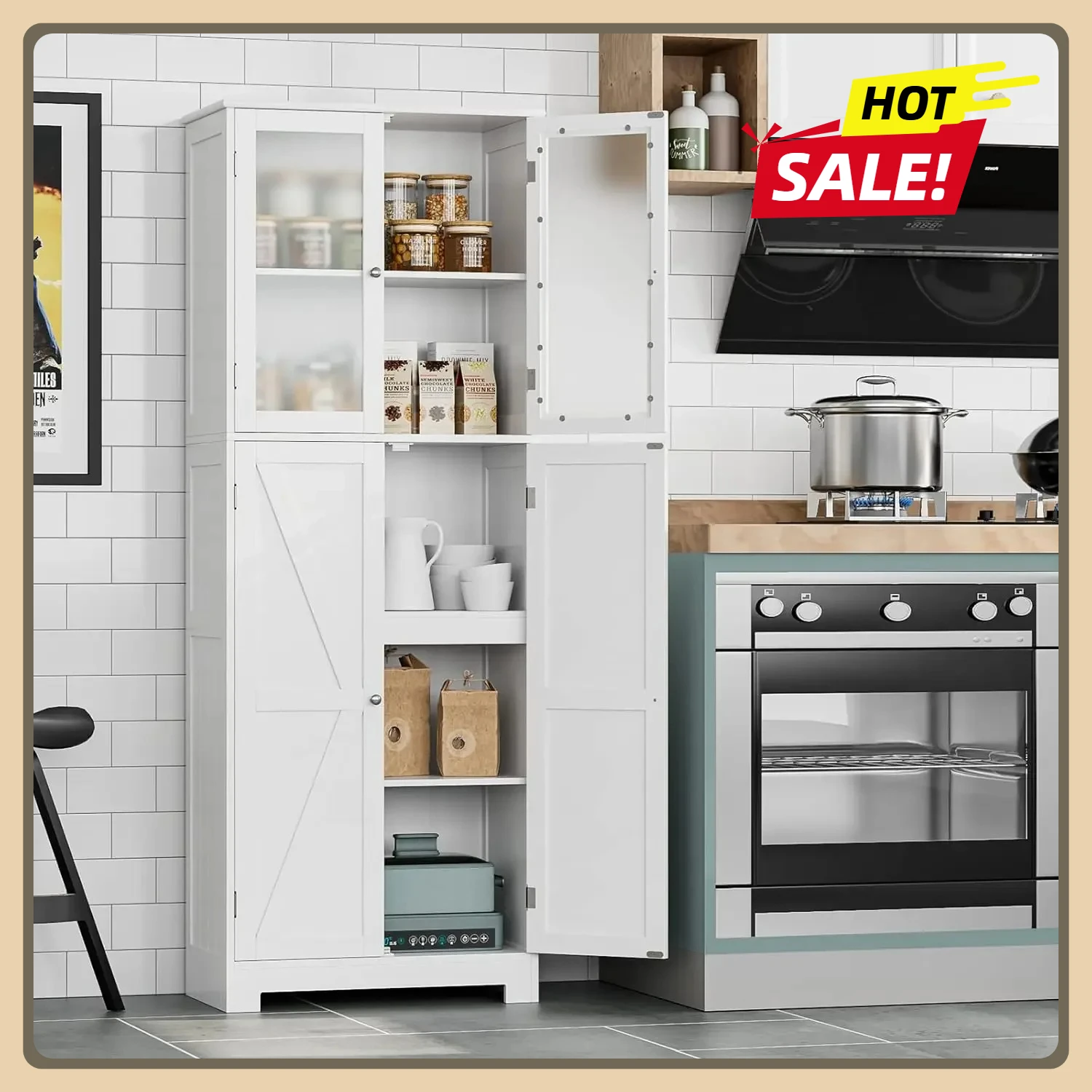 

Шкаф для хранения, Шкаф для хранения в ванной комнате, Кухонный шкаф высотой 67 дюймов с полками для ванной комнаты со стеклянной дверью