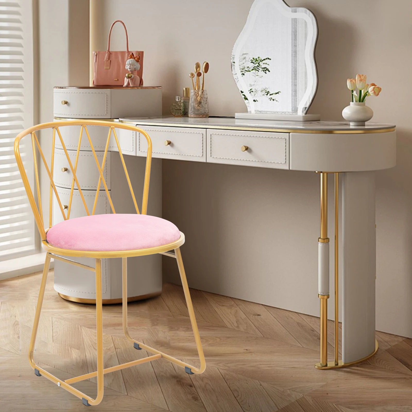 

Modern Glam Vanity Stool Elegant Makeup Chair Soft Round Seat, Chic Metal Legs Light Luxury Style with Soft Cushion