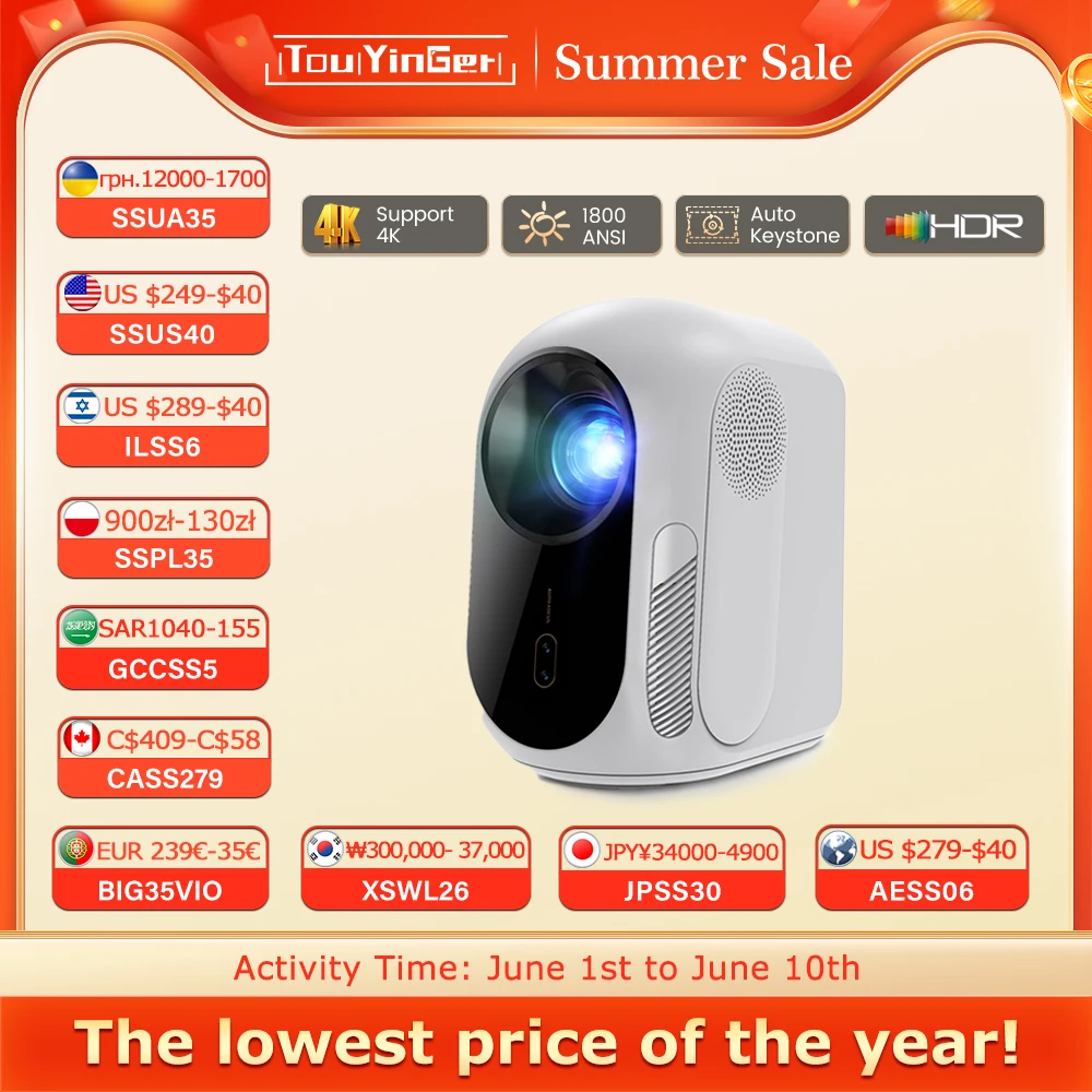 

Touyinger ET35 1800ANSI Full HD Smart TV Projector with Autofocus, Wi-Fi, and Bluetooth for Home Theater Use