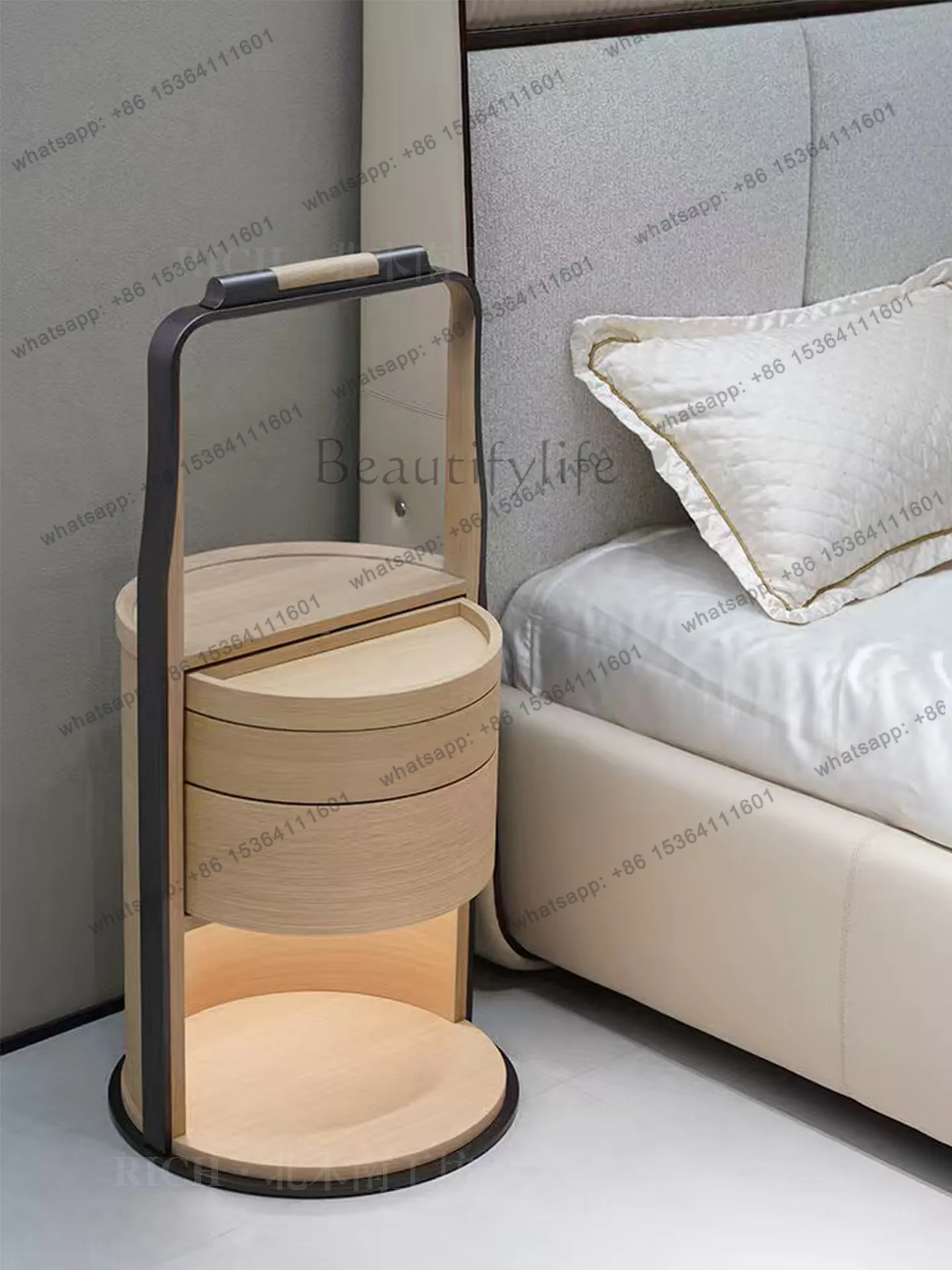Bedroom Multifunctional Italian Round Bedside Table Solid Wood Rotatable Premium Locker with Light
