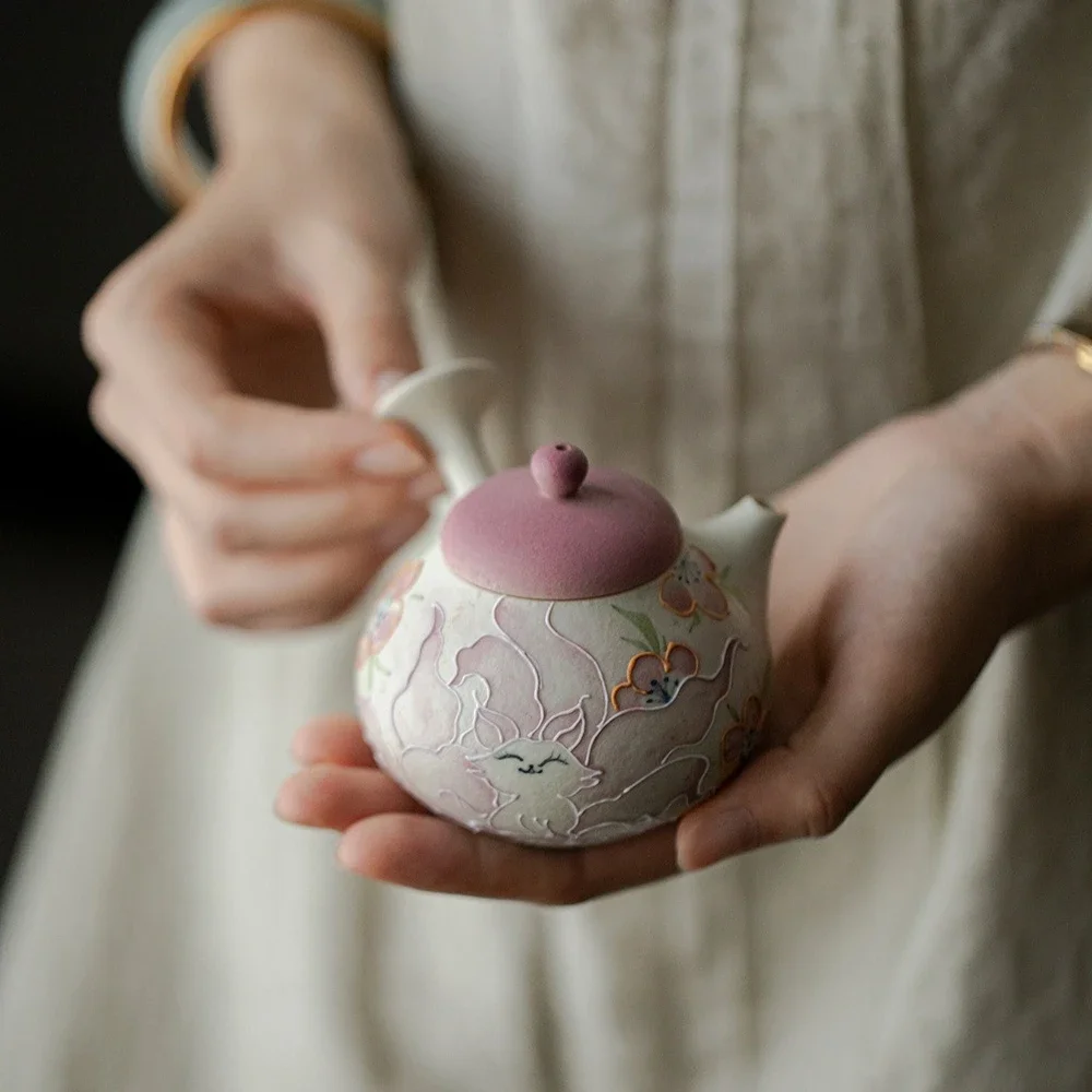 140ML Flint Red Hand-painted Nine-tailed Fox Ceramic Japanese Side Handle Pot Kung Fu TeaSet Household Ball Hole Filter Tea Bowl