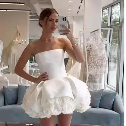 GORAFASHION Elegant White Dinner Dress New Sexy Strapless Three-Dimensional Flower Vertical pleats Sleeveless Evening Short Dres image 2