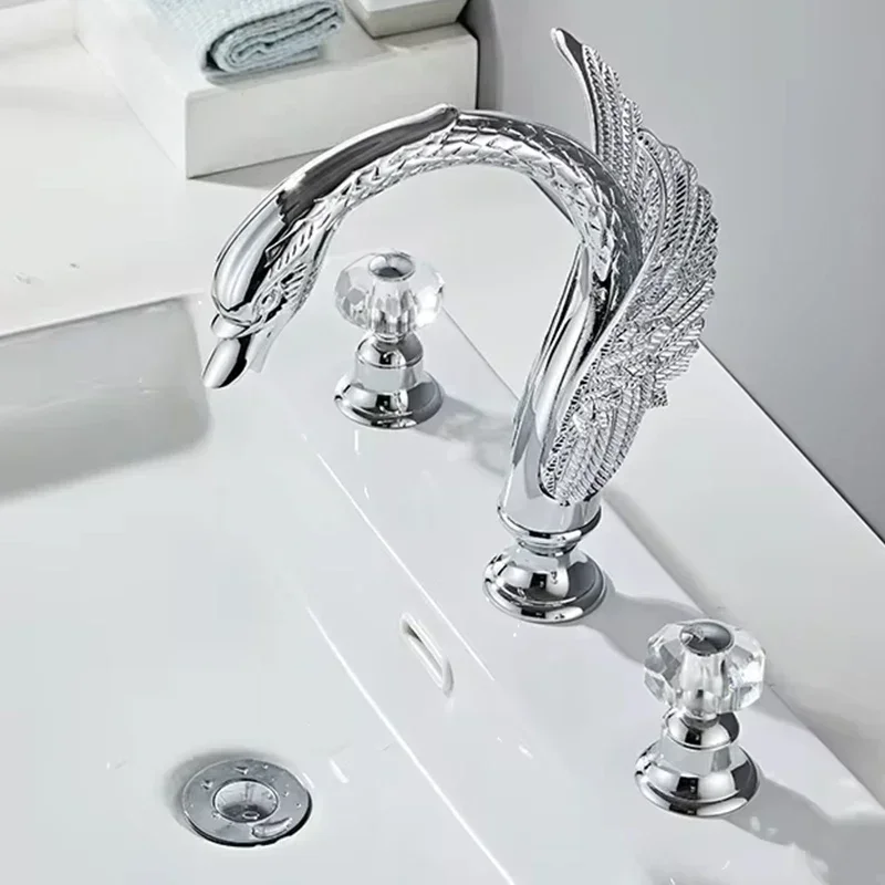 Decked Mounted Swan Dual Handle 3 holes chrome Bathroom Basin sink Faucet Hot and Cold Basin Tap Mixer