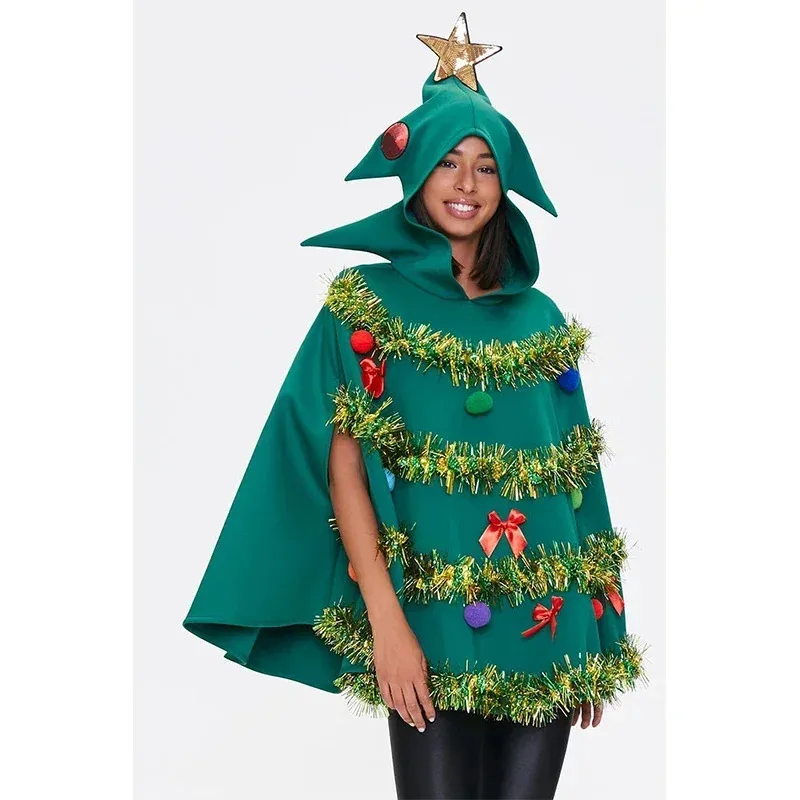 

2024 Female New Year Xmas Tree Costume Holiday Cape Hooded Women Christmas Tree Poncho