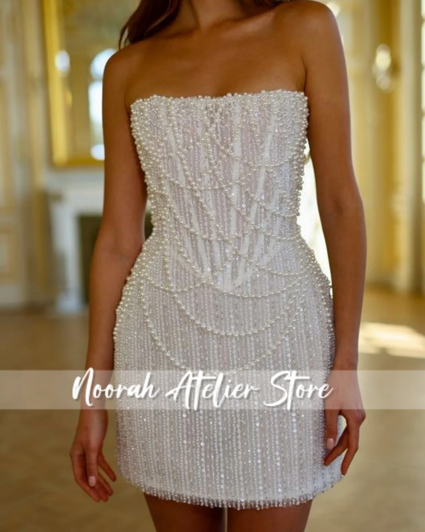 Perles scintillantes blanc bretelles Mini luxe femmes robes de soirée 2025 gland femmes robe de mariée arabie saoudite longue personnalisée