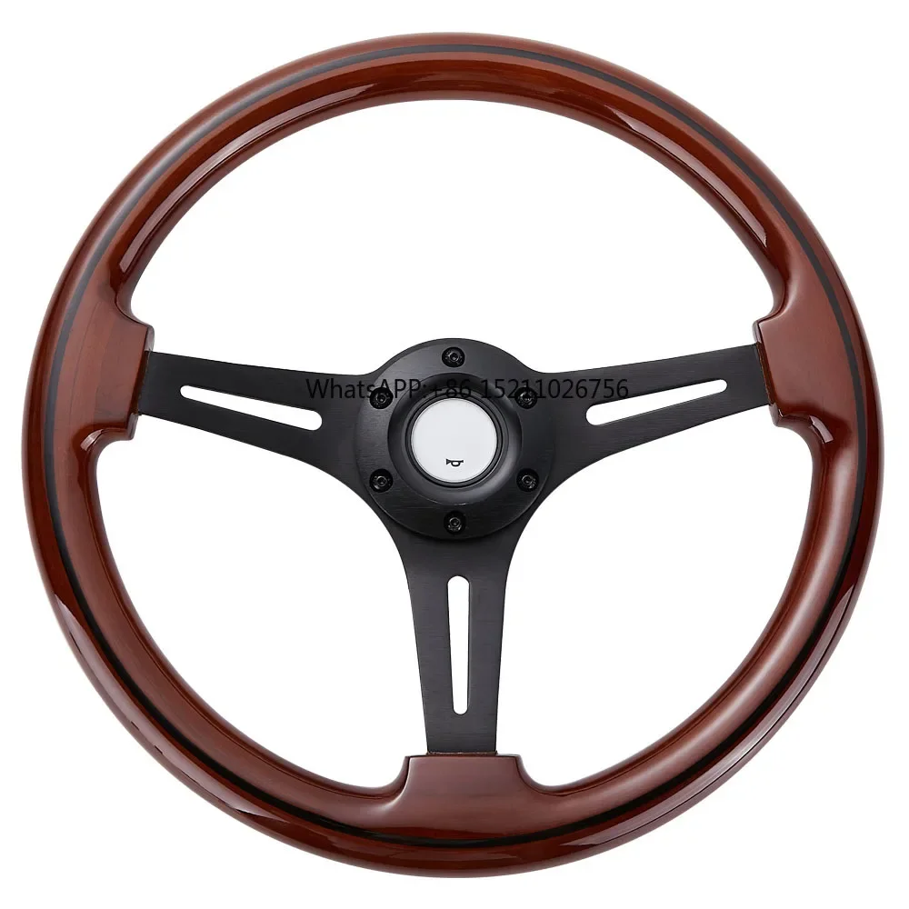 6-Bolt  350mm  Wood Grain  Black Trim Classic  Steering Wheel  Chrome Spoke  +  Wooden Ring