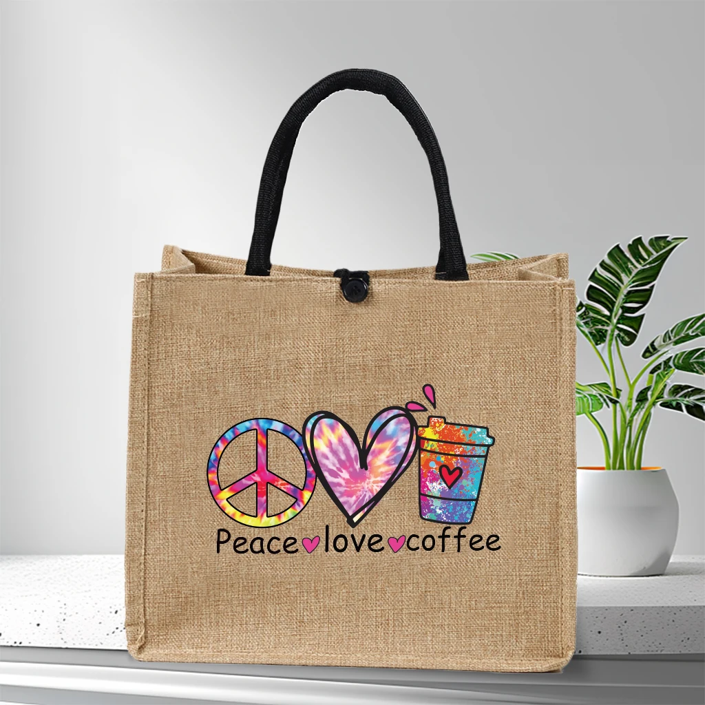 

Женские сумки Peace Love Coffee Graphics с цветным фоном, джутовая сумка на плечо, модные льняные сумки-тоут, сумка для покупок для женщин