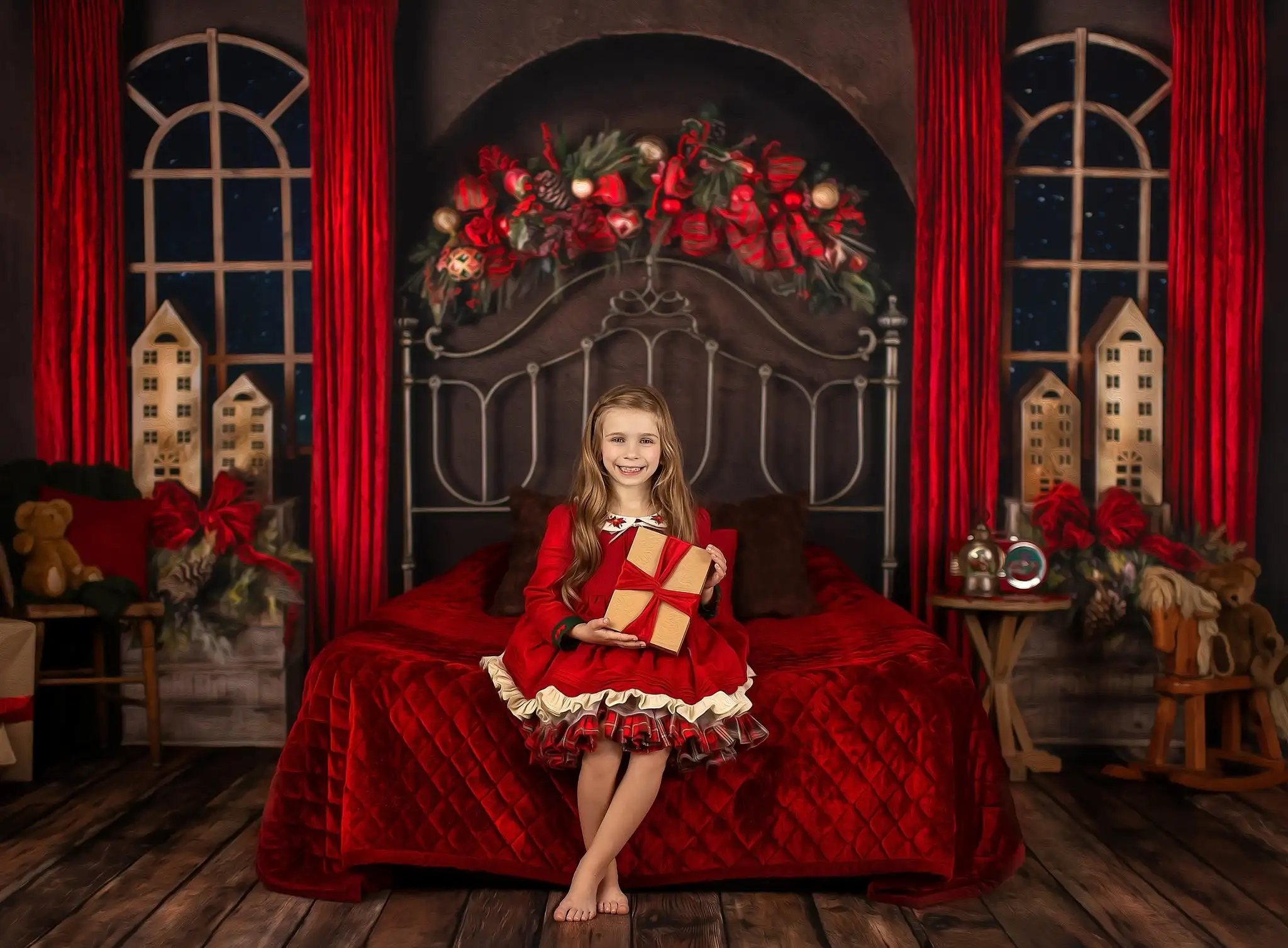 Christmas Bed Headboard Photography Backdrops Kids Family Photocall Red Curtains Photo Windows Backgrounds