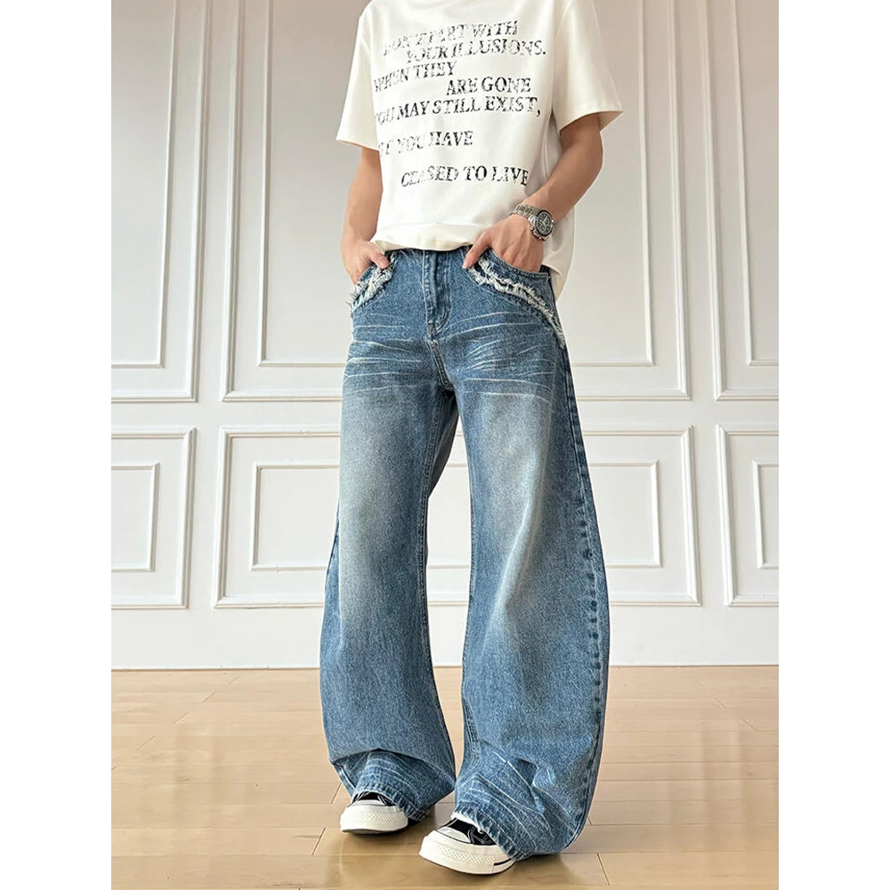 Pantaloni in denim da donna retrò americani Jeans a gamba larga sfilacciati a vita alta Pantaloni casual traspiranti larghi versatili per il tempo libero