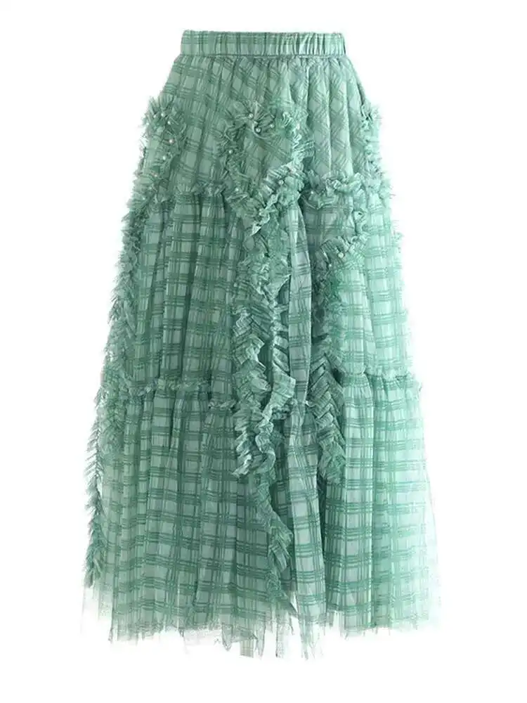 

High Elastic Waist Brown Plaid Ruffles Tassels A-line Half-body Skirt Women Fashion Tide New Spring Autumn