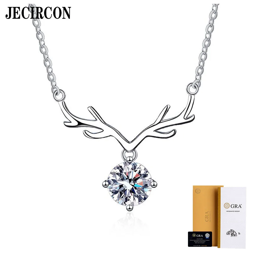 

JECIRCON 925 Sterling Silver Moissanite Necklace for Women 1ct "One Deer Has You" Pendant Clavicle Chain Valentine's Day Gift