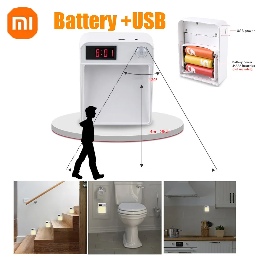 Xiaomi LED Night Light With Motion Sensor Battery USB Rechargeable Wall Lamp Clock For Kids Room Kitchen Cabinet Decoration