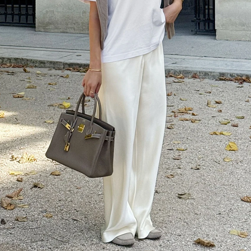 Linad élégant marron Satin pantalon à jambes larges femmes automne mode Beige taille haute pantalon rue Chic soie pantalons longs femme 2025