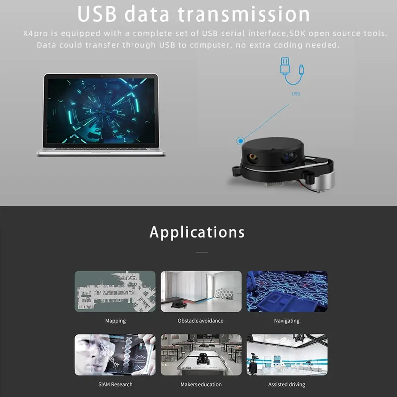 Glow YDLIDAR X4 Pro 360-Grad-2D-Laser-Range-Lidar-Scanner, dreieckig, 10 Meter Scanradius, Raspb