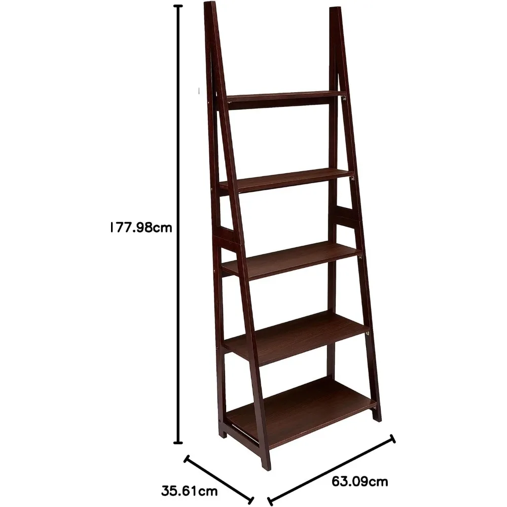 Ladder Bookshelf Organizer, Solid Rubberwood Frame, Espresso Finish, Bookcases