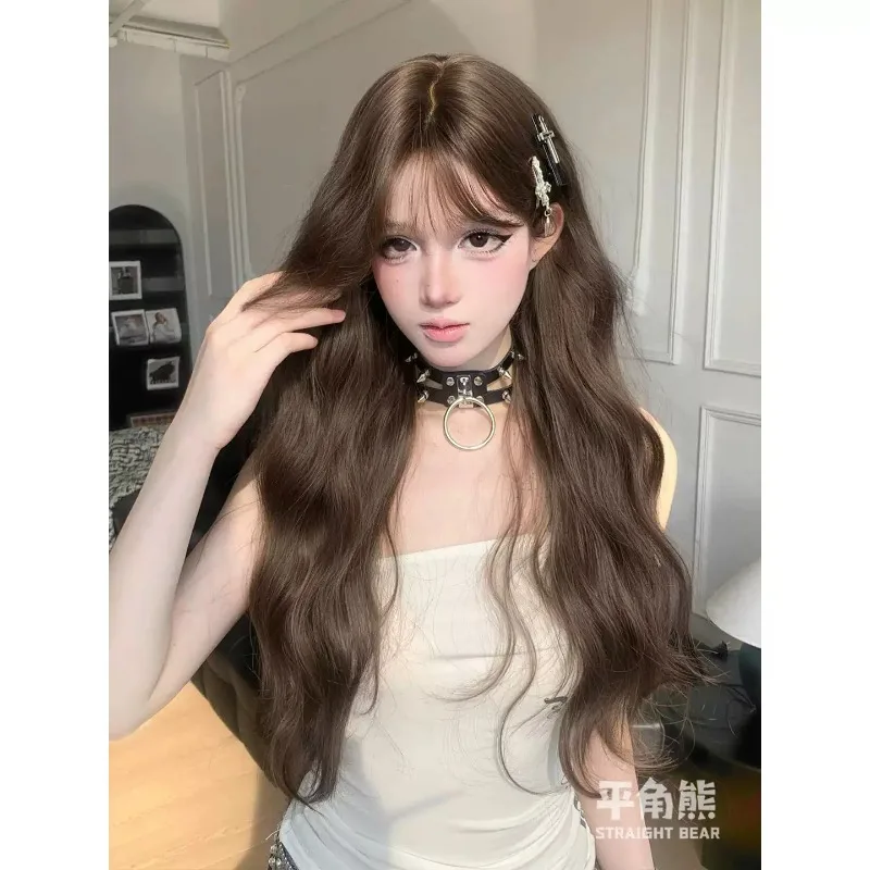 Korean‑Style Cool Brown Long Wavy Full Wig Soft Gentle Large Curls Heat‑Resistant Synthetic Wig for Daily Styling Party Cosplay