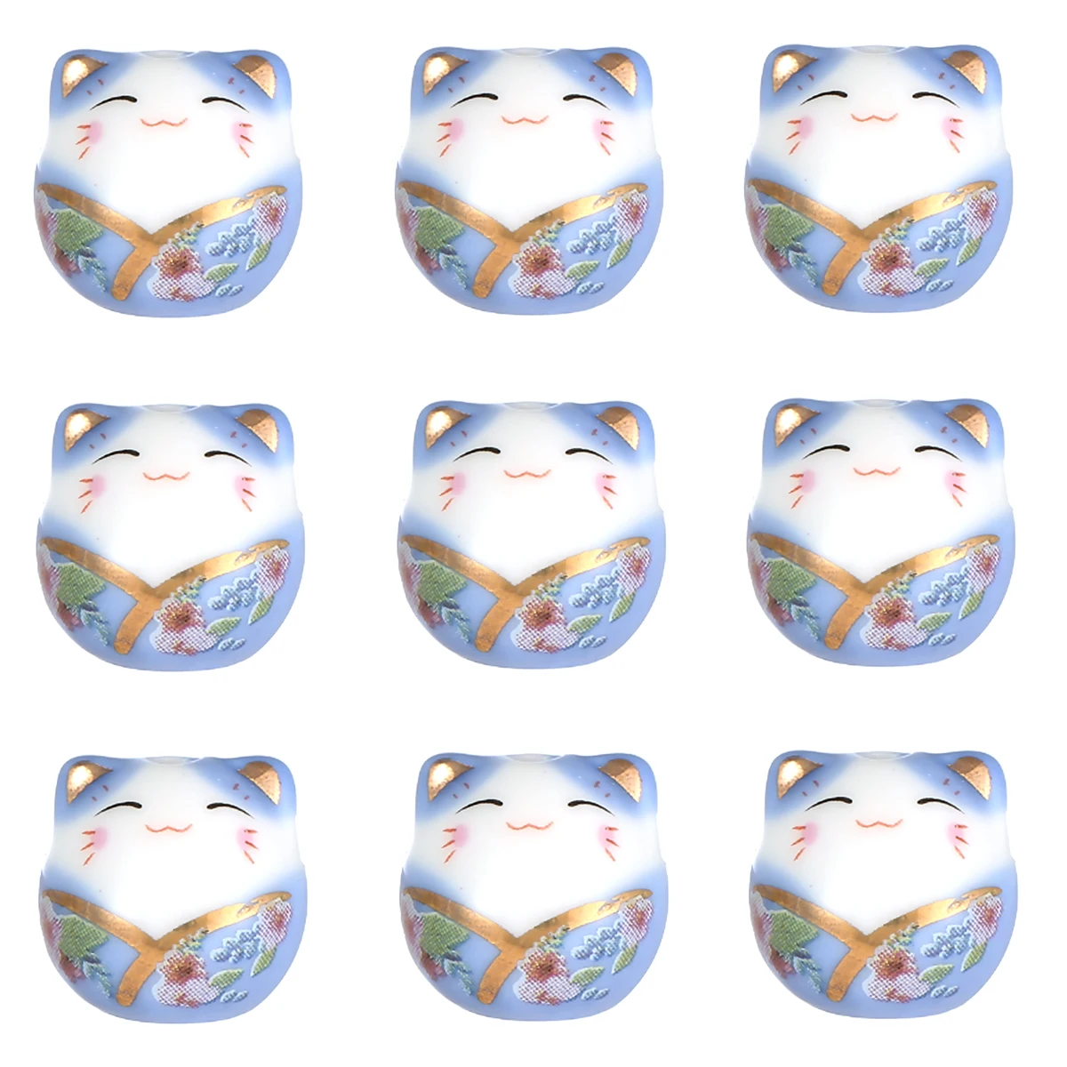 Blue Fortune Cat 15x14mm Hand Painted Ceramic Beads for Jewelry Making DIY Loose Porcelain Bead Supplies Accessories