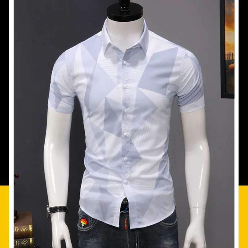 Fashion Lapel Short Sleeve Korean Printed Geometric Shirts Men\'s Clothing 2024 Summer New Loose Casual Tops All-match Shirts