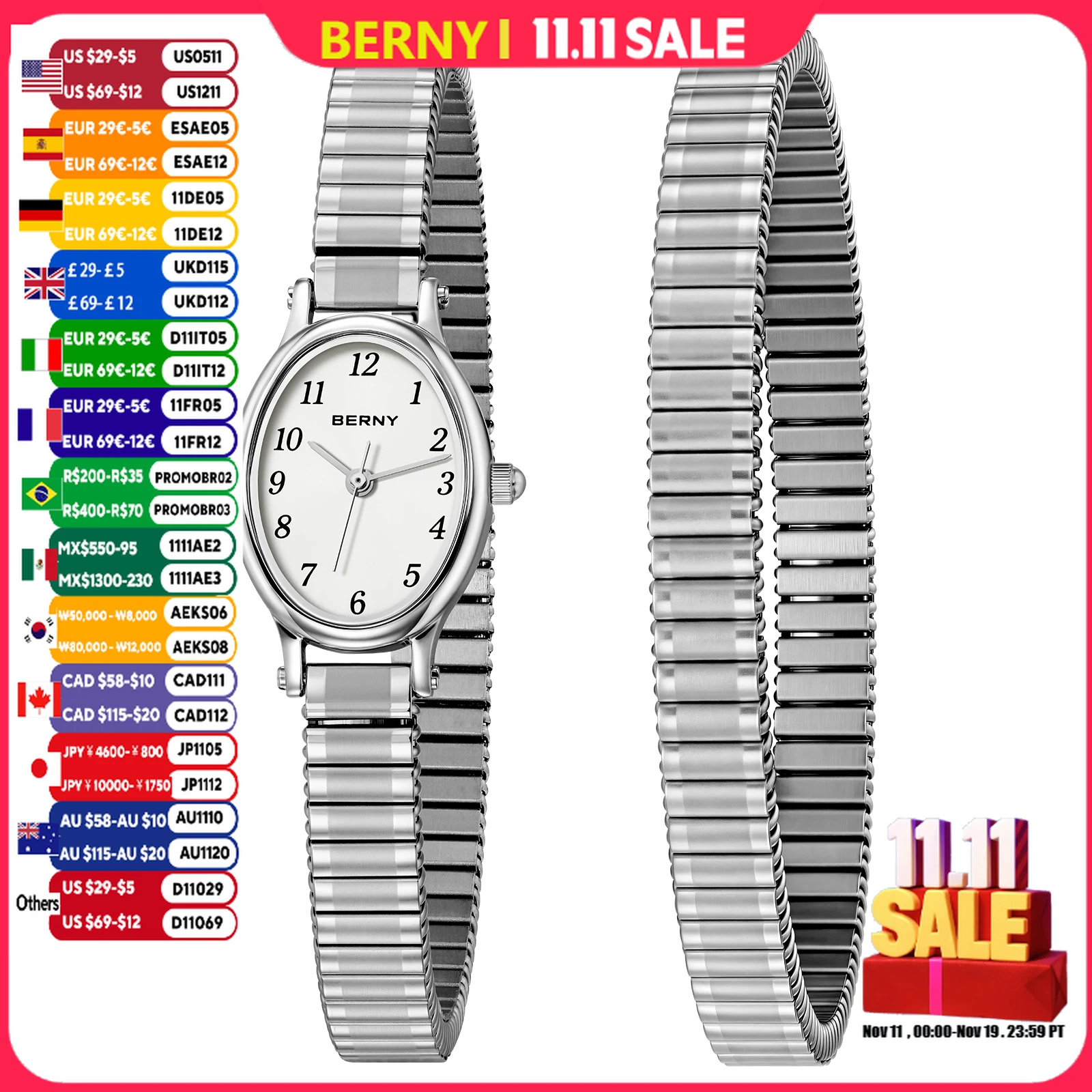 

BERNY Women's Watches Luxury Casual Elastic Strap Dress Ladies Watch Stretch Bangle Stainless Steel Easy Read Wristwatch Gifts