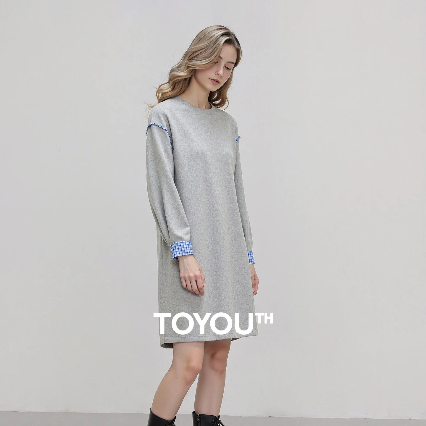 

TOYOUTH Women Dresses 2025 Winter New Plaid Spliced Heather Gray Loose Mid-length Fleece-Lined Warm Hoodie Dresses
