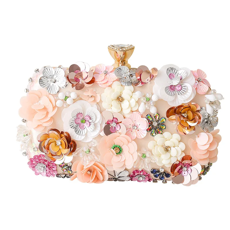 Floral Evening Dinner Handbag Beaded Flower Clutch Bag Metal Chain Crossbody Bag Banquet Handbag Wedding Prom Purse Dropship view 6
