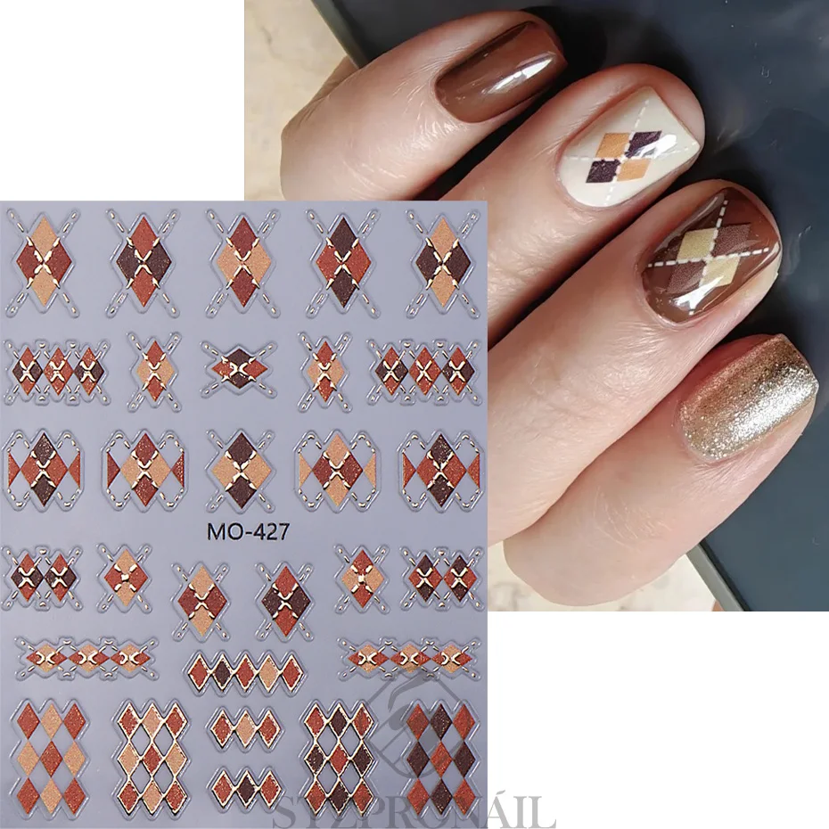 5D Colorful Lattice Argyle Shape Nail Stickers College Style Geometric Lattice Gold Line Slider DIY Manicure Art Decoration Tips