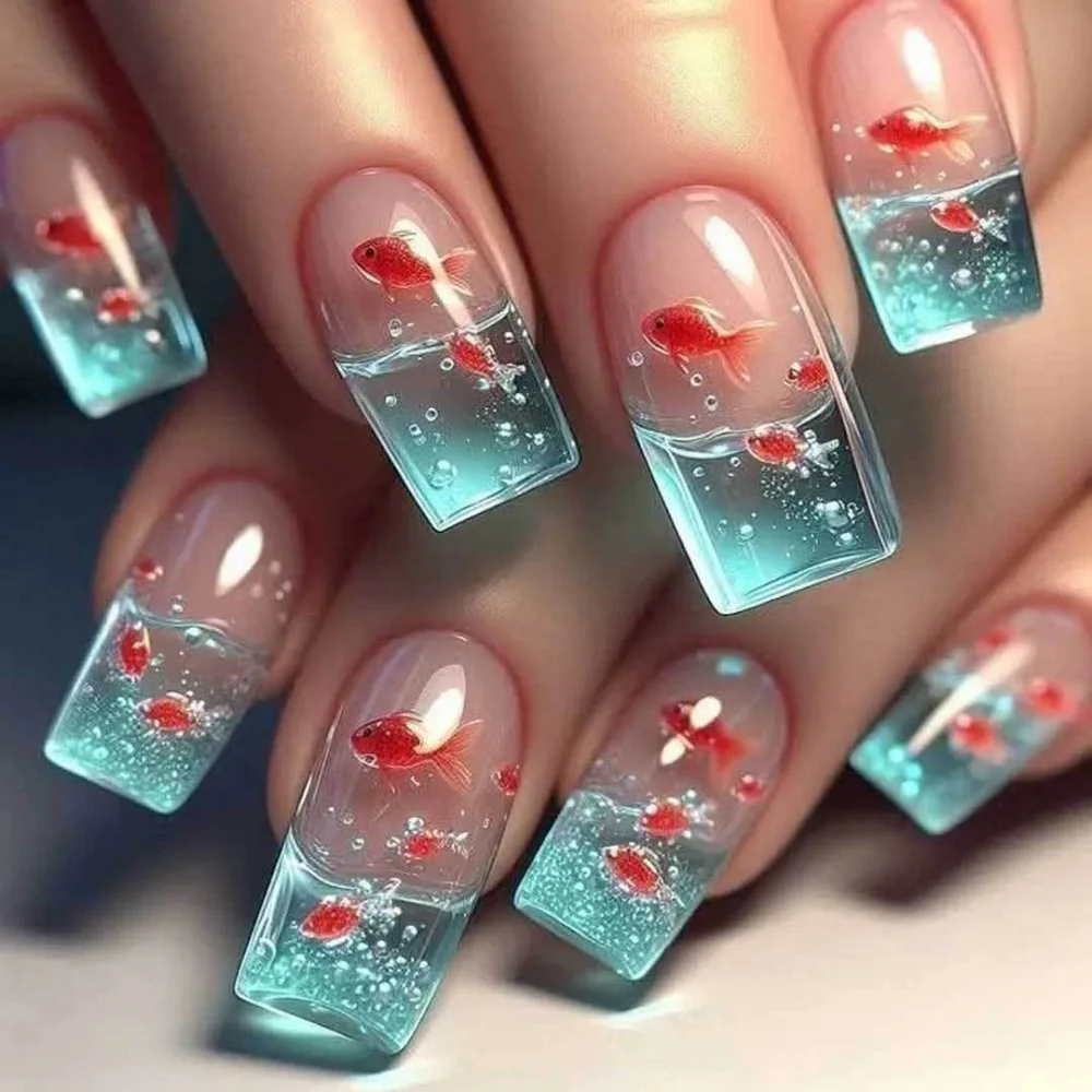 

24 Pieces Golden Fish Landscape False Nail Set Square Press on Designs French Tip Acrylic Fake Nails Art Tools Wholesale
