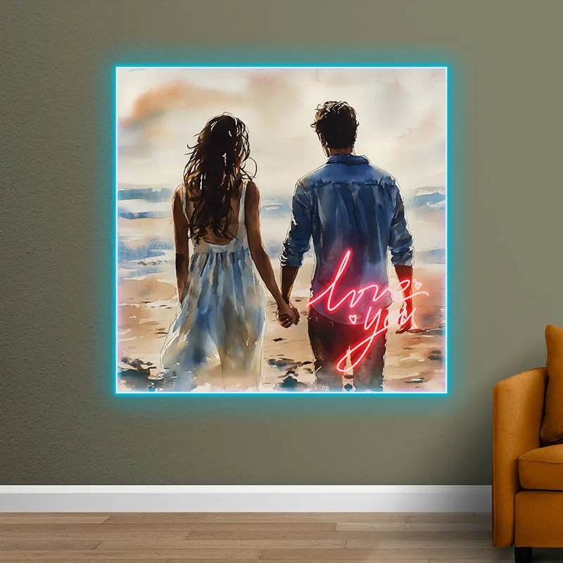 Lovers Watching The Sea Hand In Hand Neon Sign, Personalized LED Neon Sign Light, Creative Gift Night Light For Home Decor