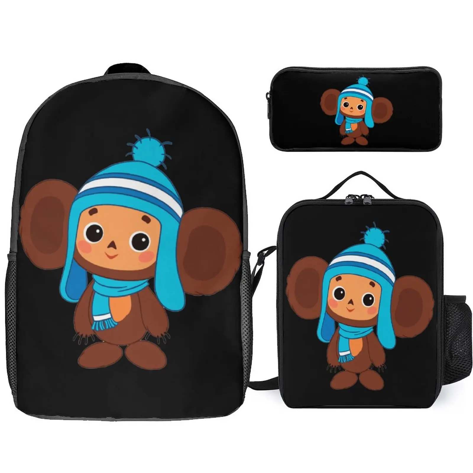 3 in 1 Set 17 Inch Backpack Lunch Bag Pen Bag Cheburashkass Cute Soviet Russian Cartoon Classic Firm Creative Comfortable  Trave