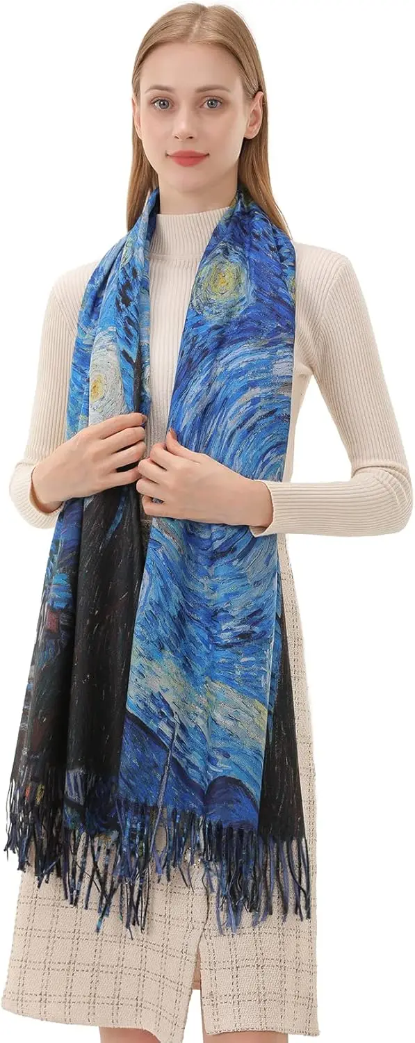 Star Sky Vintage Oil Painting Scarf Shawl Wraps for Women Pashmina Soft Cashmere Scarf Printed Large Blanket Scarf Warm