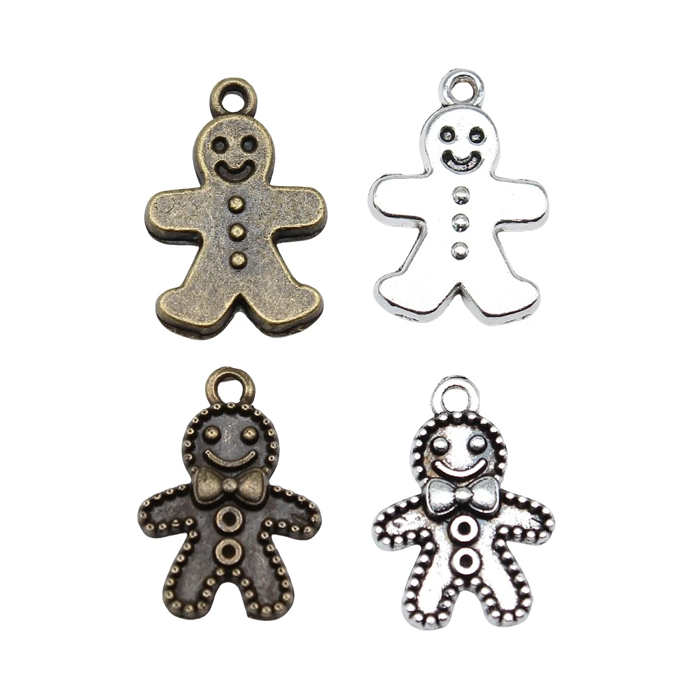 20pcs Cute Gingerbread Man Charms DIY Handmade Craft Tibetan Bronze Silver Color Pendants Antique Jewelry Making