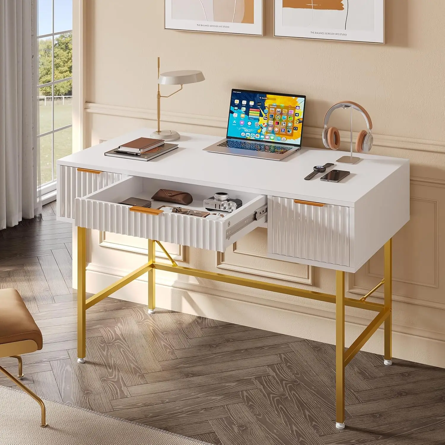 47.6 Inch Fluted Computer Writing Desk with Drawers for Home Office, White and Gold Vanity Desk, Modern Simple Makeup Desk