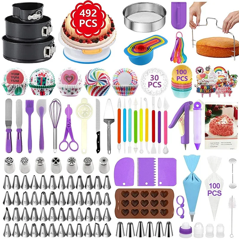 Stainless Steel Cake Tools Kit, Turntable, Rotating Cake Stand, Decorating Tips Set, Baking Pan, Fondant Tool, Mold Sets, 492Pcs