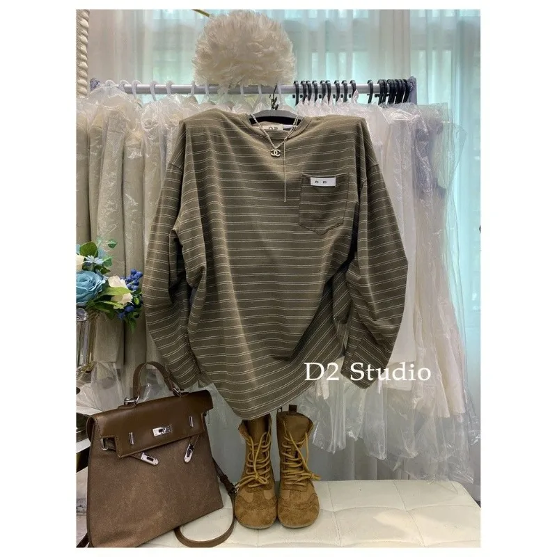 Herfst Nieuwe Koreaanse Stijl Modieuze Retro Gestreepte T-shirt Met Lange Mouwen Voor Vrouwen Losse En Veelzijdige Luie Halflange Dunne top